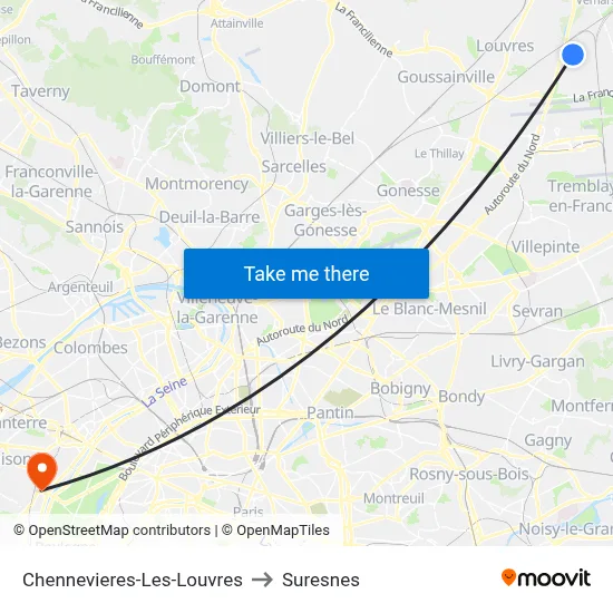 Chennevieres-Les-Louvres to Suresnes map