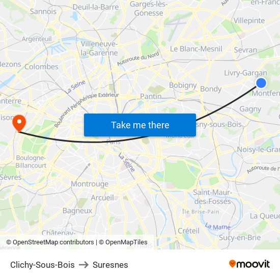 Clichy-Sous-Bois to Suresnes map