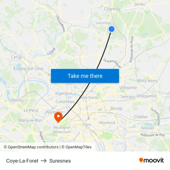 Coye-La-Foret to Suresnes map