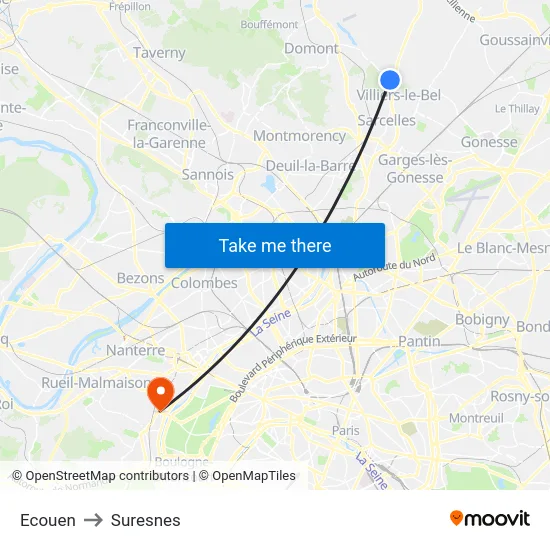 Ecouen to Suresnes map