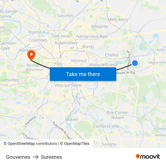 Gouvernes to Suresnes map