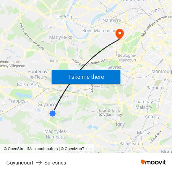 Guyancourt to Suresnes map