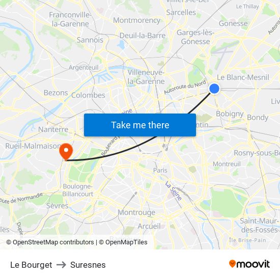 Le Bourget to Suresnes map