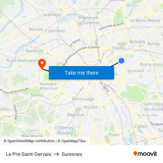 Le Pre-Saint-Gervais to Suresnes map