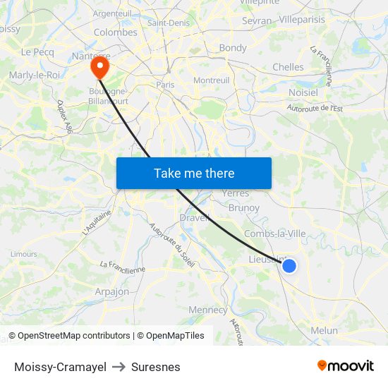 Moissy-Cramayel to Suresnes map