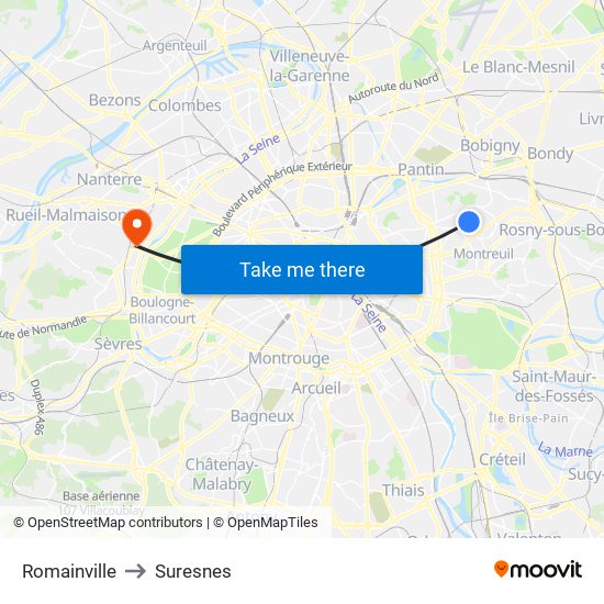 Romainville to Suresnes map