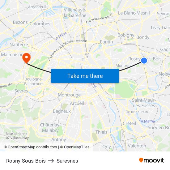 Rosny-Sous-Bois to Suresnes map