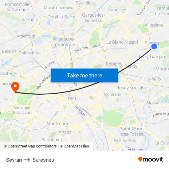 Sevran to Suresnes map