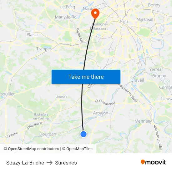 Souzy-La-Briche to Suresnes map