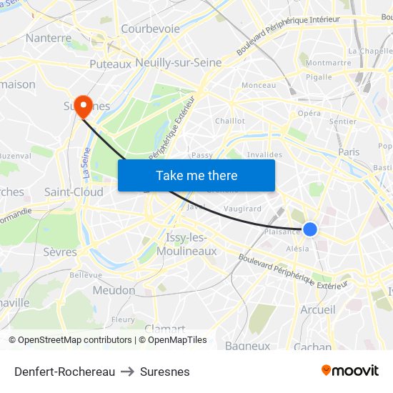 Denfert-Rochereau to Suresnes map