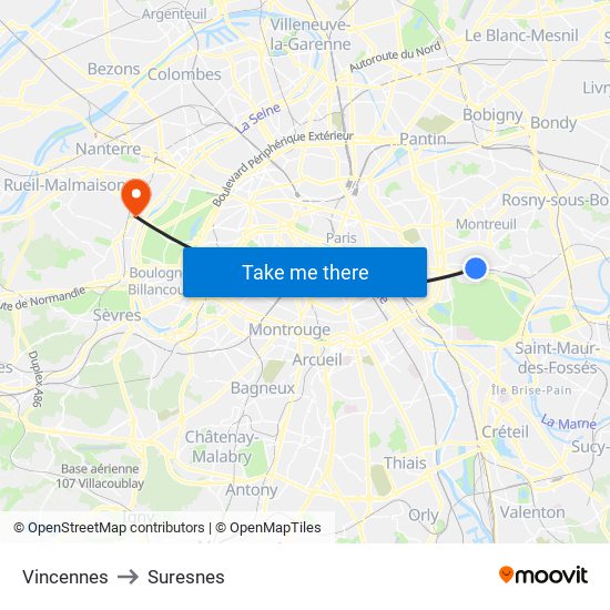 Vincennes to Suresnes map
