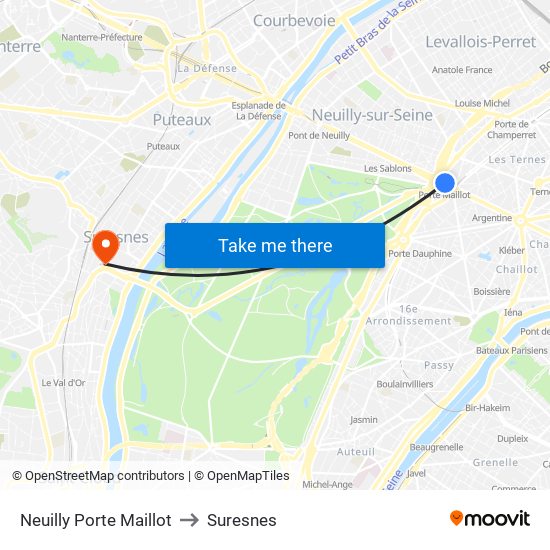 Neuilly Porte Maillot to Suresnes map
