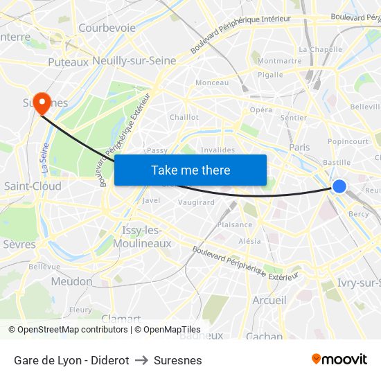 Gare de Lyon - Diderot to Suresnes map