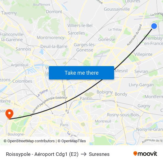 Roissypole - Aéroport Cdg1 (E2) to Suresnes map