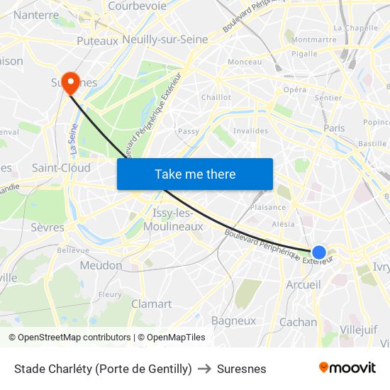 Stade Charléty (Porte de Gentilly) to Suresnes map
