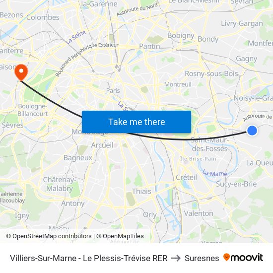 Villiers-Sur-Marne - Le Plessis-Trévise RER to Suresnes map