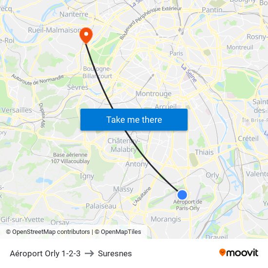 Aéroport Orly 1-2-3 to Suresnes map