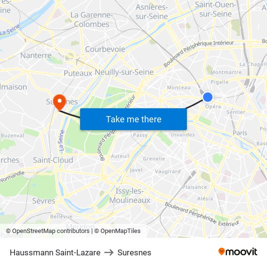Haussmann Saint-Lazare to Suresnes map