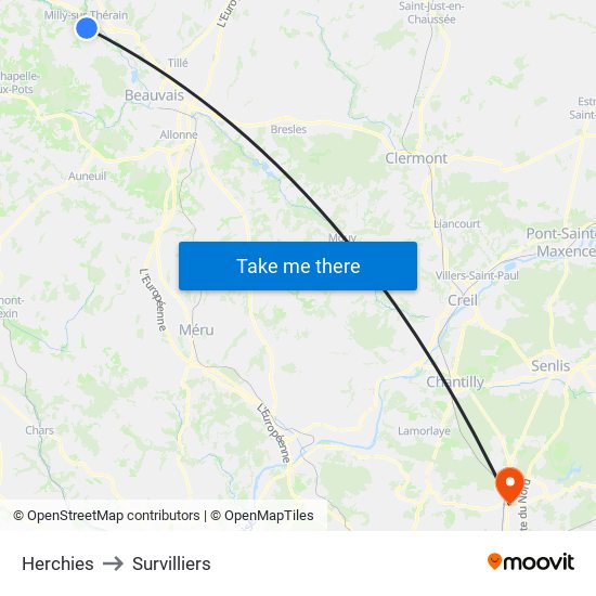 Herchies to Survilliers map