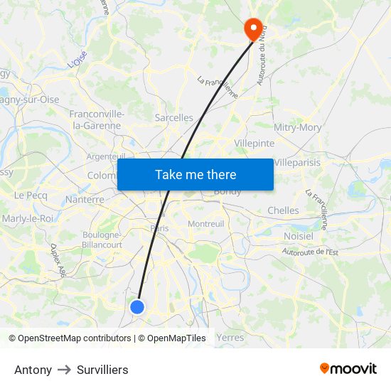 Antony to Survilliers map