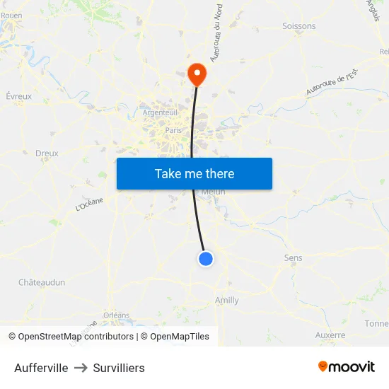 Aufferville to Survilliers map