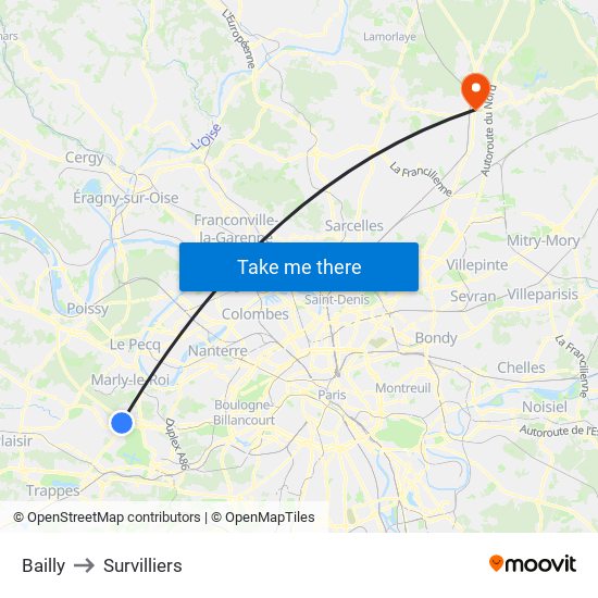 Bailly to Survilliers map