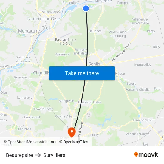 Beaurepaire to Survilliers map