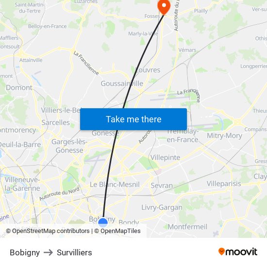 Bobigny to Survilliers map