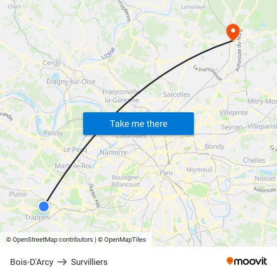 Bois-D'Arcy to Survilliers map
