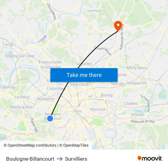 Boulogne-Billancourt to Survilliers map