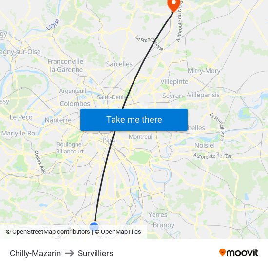 Chilly-Mazarin to Survilliers map