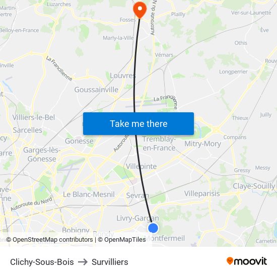 Clichy-Sous-Bois to Survilliers map