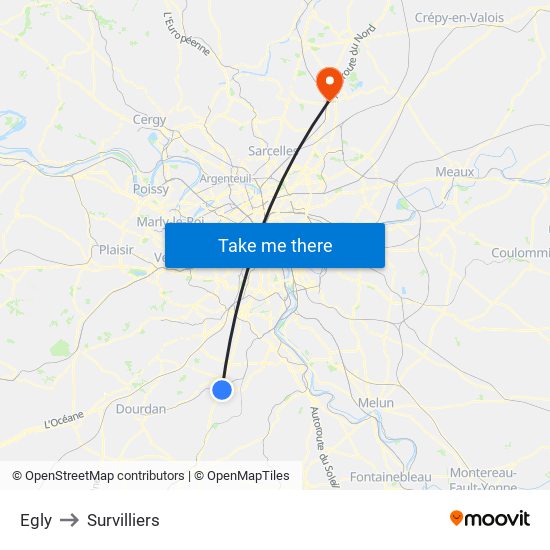 Egly to Survilliers map