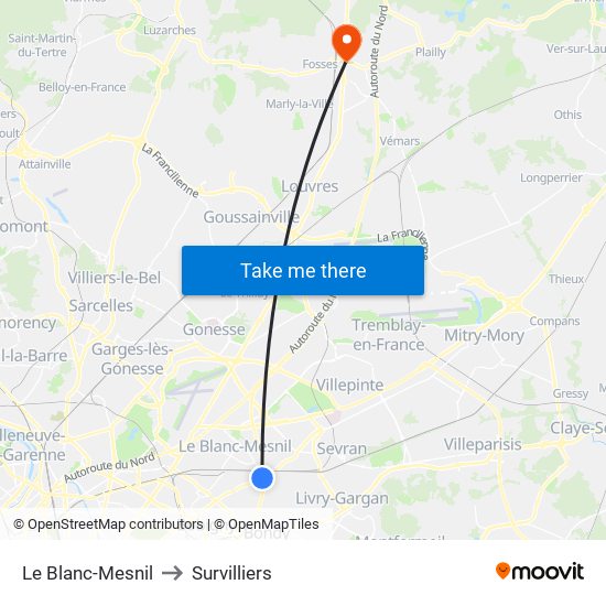 Le Blanc-Mesnil to Survilliers map