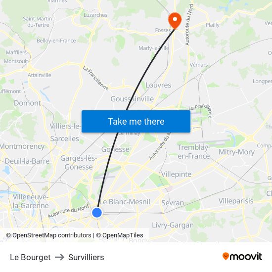 Le Bourget to Survilliers map