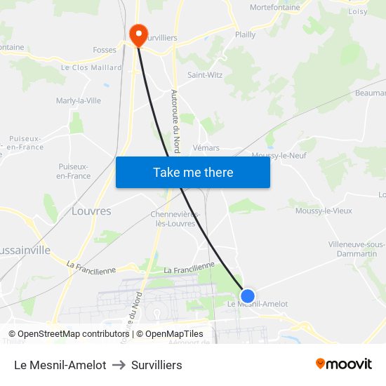 Le Mesnil-Amelot to Survilliers map