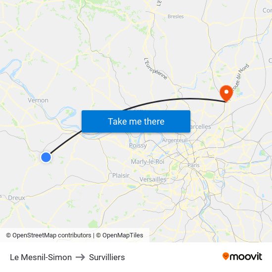 Le Mesnil-Simon to Survilliers map