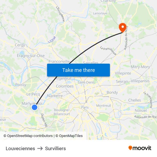 Louveciennes to Survilliers map