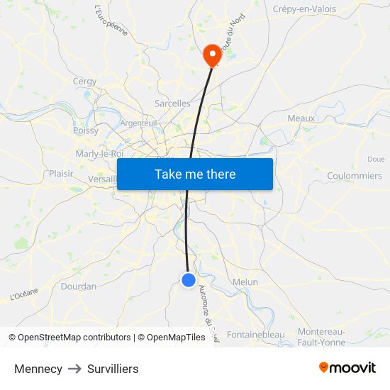 Mennecy to Survilliers map