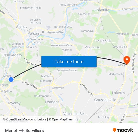 Meriel to Survilliers map