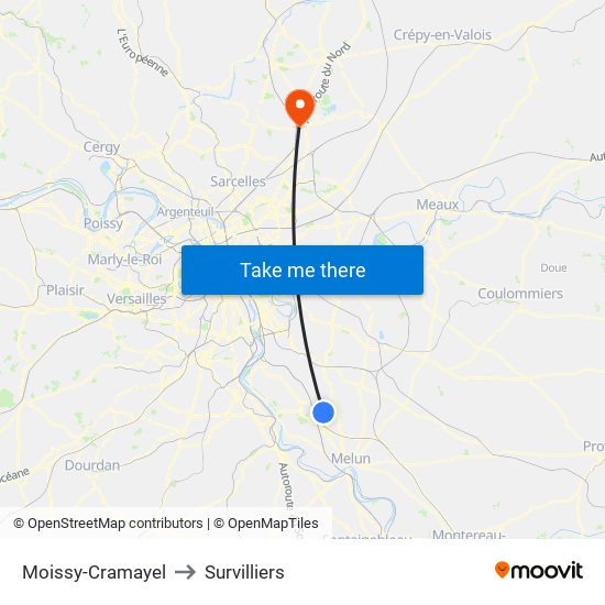 Moissy-Cramayel to Survilliers map