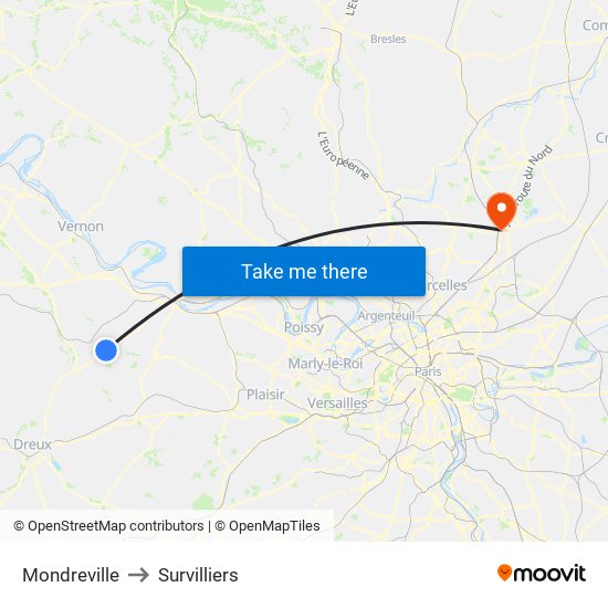 Mondreville to Survilliers map