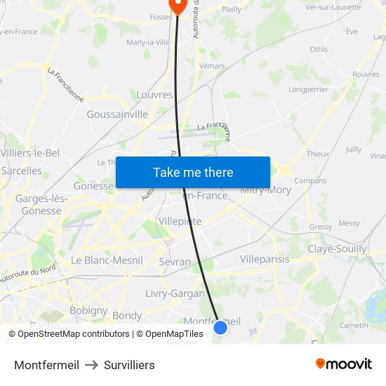 Montfermeil to Survilliers map