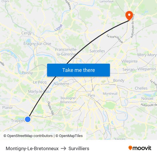 Montigny-Le-Bretonneux to Survilliers map