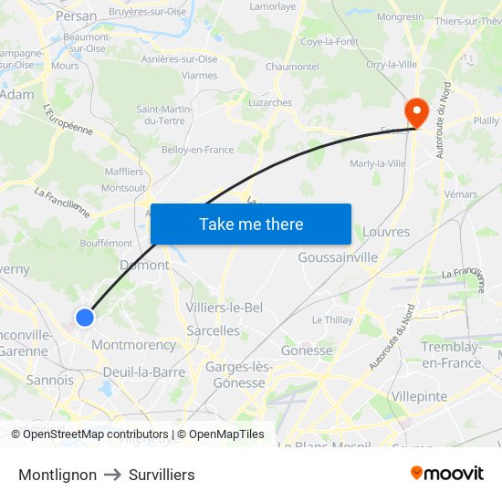 Montlignon to Survilliers map
