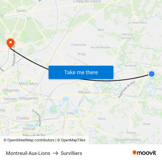 Montreuil-Aux-Lions to Survilliers map