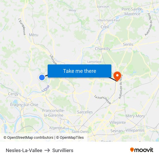 Nesles-La-Vallee to Survilliers map