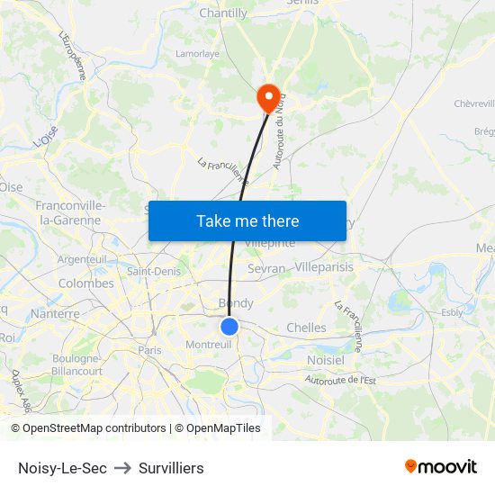Noisy-Le-Sec to Survilliers map