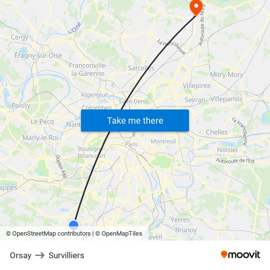 Orsay to Survilliers map