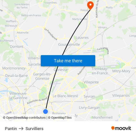 Pantin to Survilliers map